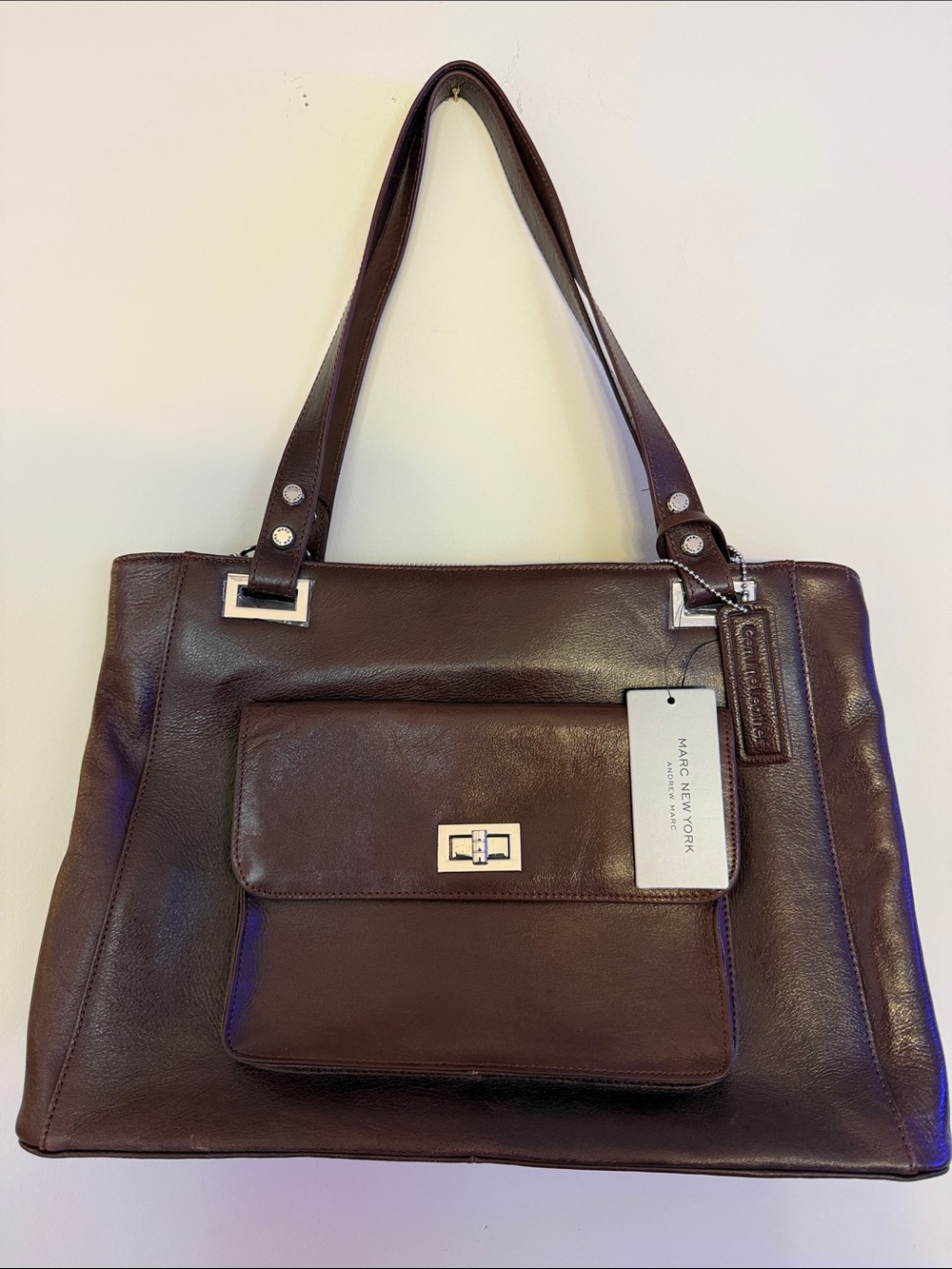 Marc New York Brown Leather Shoulder Tote with Front Pocket